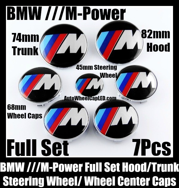 BMW ///M Power Wheel Center Caps 68mm Steering Horn 45mm Hood 82mm Trunk 74mm Emblems 7Pcs Bonnet Boot Roundels Badges Full Set M3 M5 M6