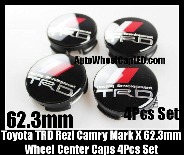 Toyota TRD Reiz Camry Mark X Wheel Center Hubs Caps 62.3mm Racing Development 4Pcs Roundels Emblems Badges White Red Stripes with Metal Black