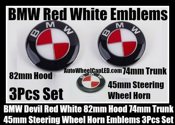 BMW Devil Red White Steering Wheel Horn 45mm Hood 82mm Trunk 74mm Emblems 3Pcs Bonnet Boot Roundels Badges Set