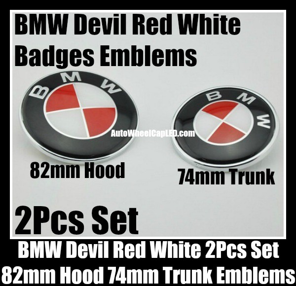BMW Devil Red White 82mm Hood 74mm Trunk Emblems 2Pcs Badges Bonnet Boot Aluminium Alloy Roundels Set