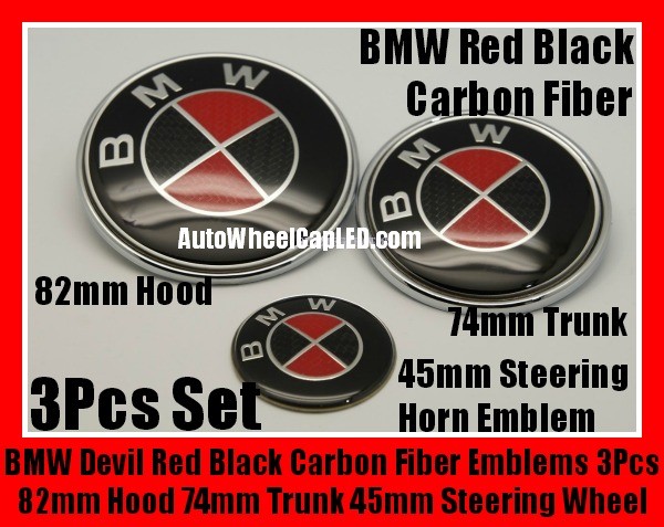 BMW Carbon Fiber Red Black Steering Wheel Horn 45mm Hood 82mm Trunk 74mm Emblems 3Pcs Bonnet Boot Roundels Badges Set