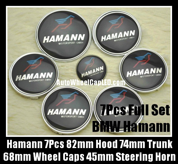 BMW Hamann 7Pcs Emblems 82mm Hood 74mm Trunk 68mm Wheel Center Caps 45mm Steering Horn Motorsport GMBH Bonnet Boot Roundels Badges Blue Red Bird Full Set