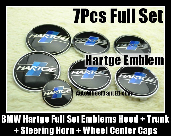 BMW Hartge 7Pcs Emblems 82mm Hood 74mm Trunk 68mm Wheel Center Caps 45mm Steering Horn Black Blue Stripes Bonnet Boot Roundels Badges Full Set