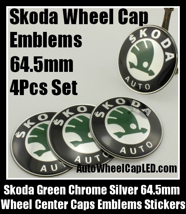 Skoda 64.5mm Wheel Center Caps Emblems Stickers Green Chrome Silver Alloy Octavia Fabia Superb Roomster VW Volkswagen 4Pcs Set ŠKODA