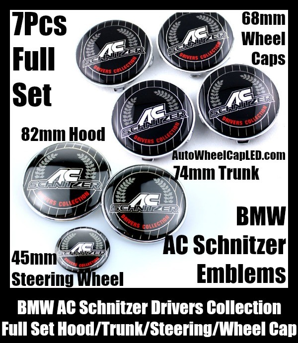 BMW BMW AC Schnitzer Drivers Wheel Center Caps 68mm Steering Horn 45mm Hood 82mm Trunk 74mm Emblems 7Pcs Bonnet Boot Roundels Badges Full Set