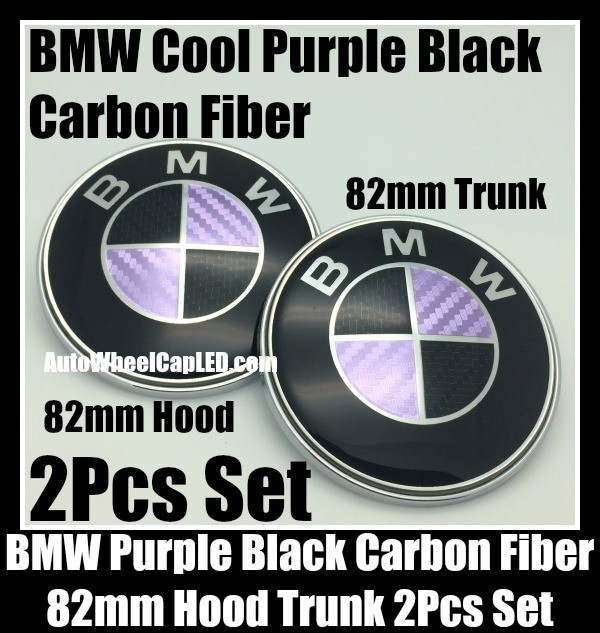BMW Purple Black Carbon Fiber 2Pcs 82mm Hood Trunk Emblems Bonnet Boot Badges Set