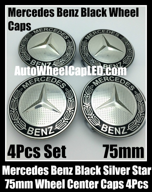 Mercedes Benz 75mm Black Chrome Silver Star Wheel Center Caps Emblems 4Pcs Set C Class E S CLK SLK