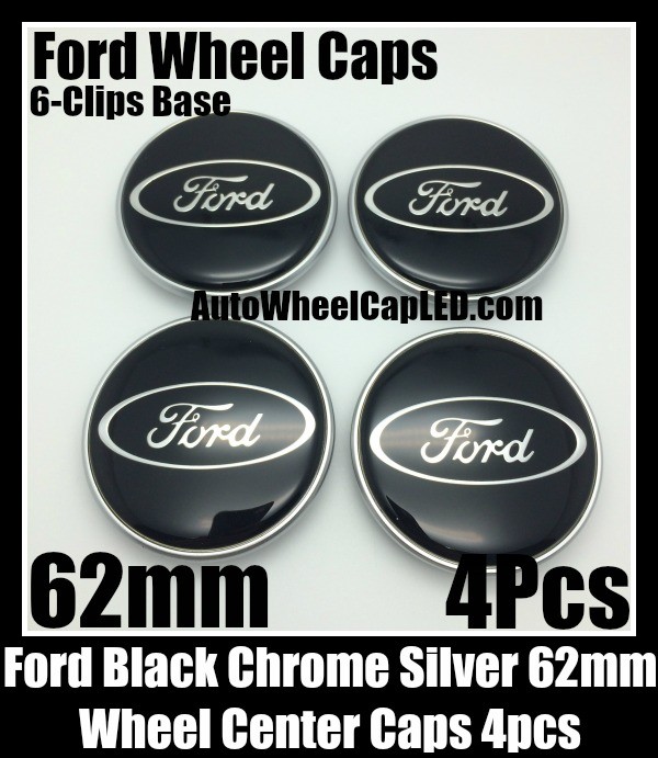 Ford Black Wheel Center Caps Emblems 62mm Roundels Focus Fiesta Escape Mondeo 6-Clips Base 4Pcs Set
