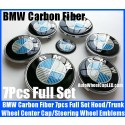 BMW Carbon Fiber Blue White Wheel Center Caps 68mm Steering Horn 45mm Hood 82mm Trunk 74mm Emblems 7Pcs Bonnet Boot Roundels Badges Full Set