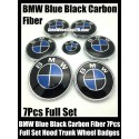 BMW Carbon Fiber Blue Black Wheel Center Caps 68mm Steering Horn 45mm Hood 82mm Trunk 74mm Emblems 7Pcs Bonnet Boot Roundels Badges Full Set