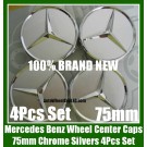 Mercedes Benz 75mm Wheel Center Caps Chrome Silver Emblems Badges Roundels Bright 4Pcs Set
