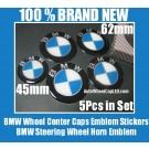 BMW Blue White 62mm Wheel Center Caps Roundels 45mm Steering Horn Emblems Badges Stickers 5Pcs Full Set
