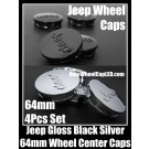 Jeep Gloss Black Silver 64mm Wheel Center Caps Hubs Emblems Roundels 4Pcs Set Wrangler Commander Grand Cherokee