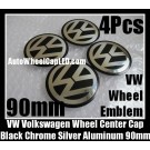 VW Volkswagen 90mm Black Chrome Silver Wheel Center Caps Roundels Stickers 4Pcs Emblems Badges Curve Aluminum Alloy