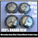 Mercedes Benz 75mm Deep Blue Chrome Silver Star Wheel Center Caps Emblems 4Pcs Set C Class E S CLK SLK