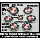 BMW Red White 7Pcs Emblems 82mm Hood 74mm Trunk 68mm Wheel Center Caps 45mm Steering Horn Bonnet Boot Roundels Badges Full Set