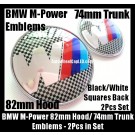 BMW ///M Power Emblems 82mm Hood 74mm Trunk 2Pcs Set Blue Red Stripes Black White Squares Back Bonnet Boot M3 M5 M6 Metal Alloy