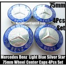 Mercedes Benz 75mm Light Blue Chrome Silver Star Wheel Center Caps Emblems 4Pcs Set C Class E S CLK SLK
