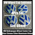 VW Volkswagen 60mm Blue Chrome Silver Wheel Center Cap Stickers Emblems Curve Aluminum 4Pcs Set