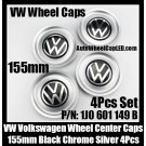 VW Volkswagen Black Chrome Silver Wheel Center Caps Hub Rim 155mm 1J0 601 149 B 4Pcs Set Golf Bora Jetta MK4 1J0601149B