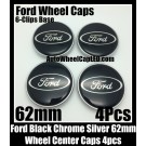 Ford Black Wheel Center Caps Emblems 62mm Roundels Focus Fiesta Escape Mondeo 6-Clips Base 4Pcs Set