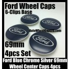 Ford Blue Wheel Center Caps Emblems 69mm Roundels Focus Fiesta Escape Mondeo 6-Clips Base 4Pcs Set