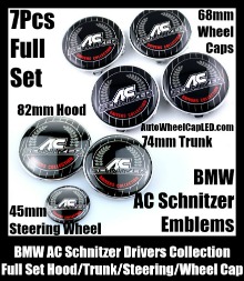 BMW BMW AC Schnitzer Drivers Wheel Center Caps 68mm Steering Horn 45mm Hood 82mm Trunk 74mm Emblems 7Pcs Bonnet Boot Roundels Badges Full Set