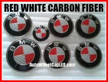 BMW Carbon Fiber Red White Wheel Center Caps 68mm Steering Horn 45mm Hood 82mm Trunk 74mm Emblems 7Pcs Roundels Badges Full Set